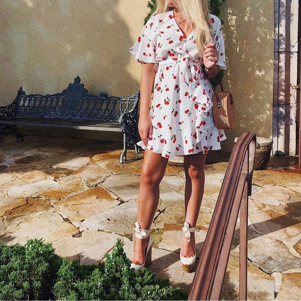 Aqua White Midi Dress with Red Cherry Pattern